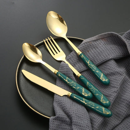 Stainless Steel Tableware 24 Piece Set Marble Pattern Knife And Fork Spoon Suit Imitation Ceramic Handle