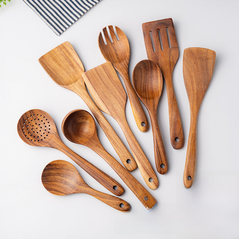 Seven-piece Set Solid Jujube Wood Kitchen Utensils Non-stick Pancake Frying Kitchenware Soup Spoon Leak Spoon Full Dinnerware