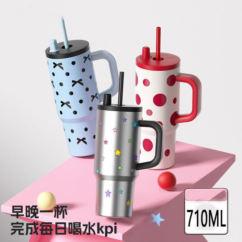 High Color Value 316 Stainless Steel Thermos Cup Large Capacity Handle Straw Cup Portable Cold Ice Cup Straw Cup