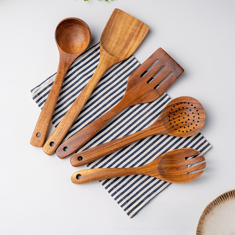 Seven-piece Set Solid Jujube Wood Kitchen Utensils Non-stick Pancake Frying Kitchenware Soup Spoon Leak Spoon Full Dinnerware